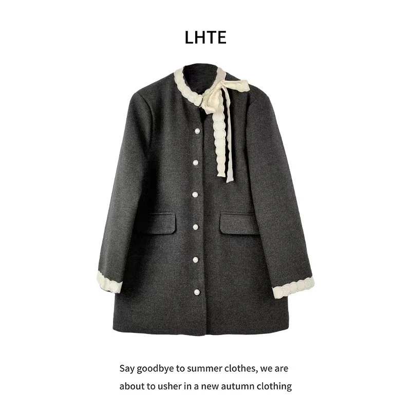 青青大码女装 蝴蝶结小香风毛呢外套冬名媛赫本风中长款大衣A1224