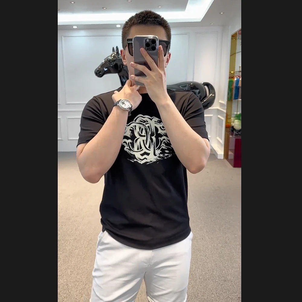 高档莱卡男士T恤衫潮欧货半袖几何轻奢短袖圆领修身潮牌上衣