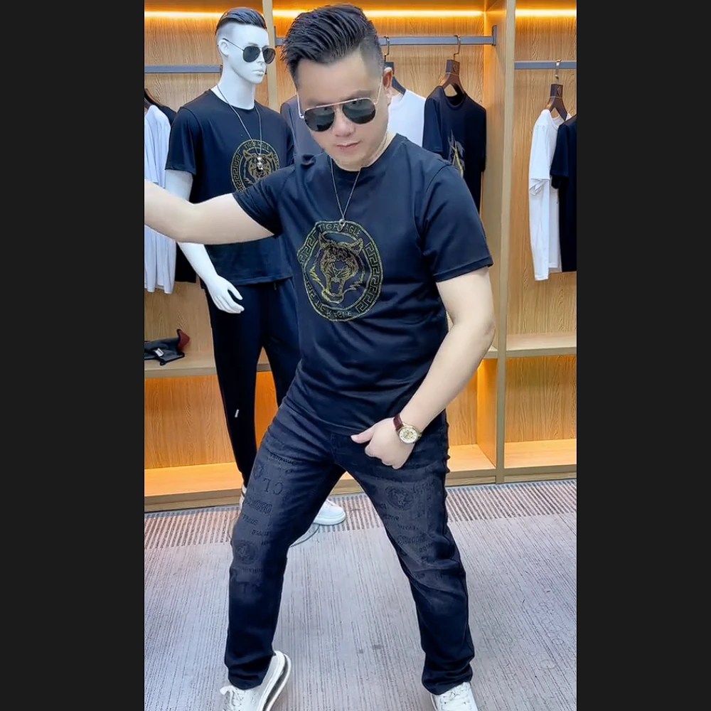 【卡来利高奢】欧洲站烫钻虎头圆领T恤男士莱卡短袖春夏季正肩半袖