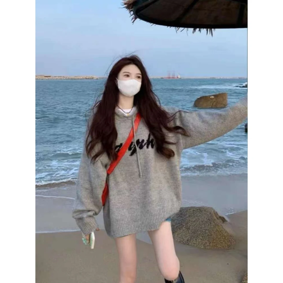 毛衣外套女2023秋冬新款宽松慵懒风灰色针织连帽卫衣外穿加厚上衣