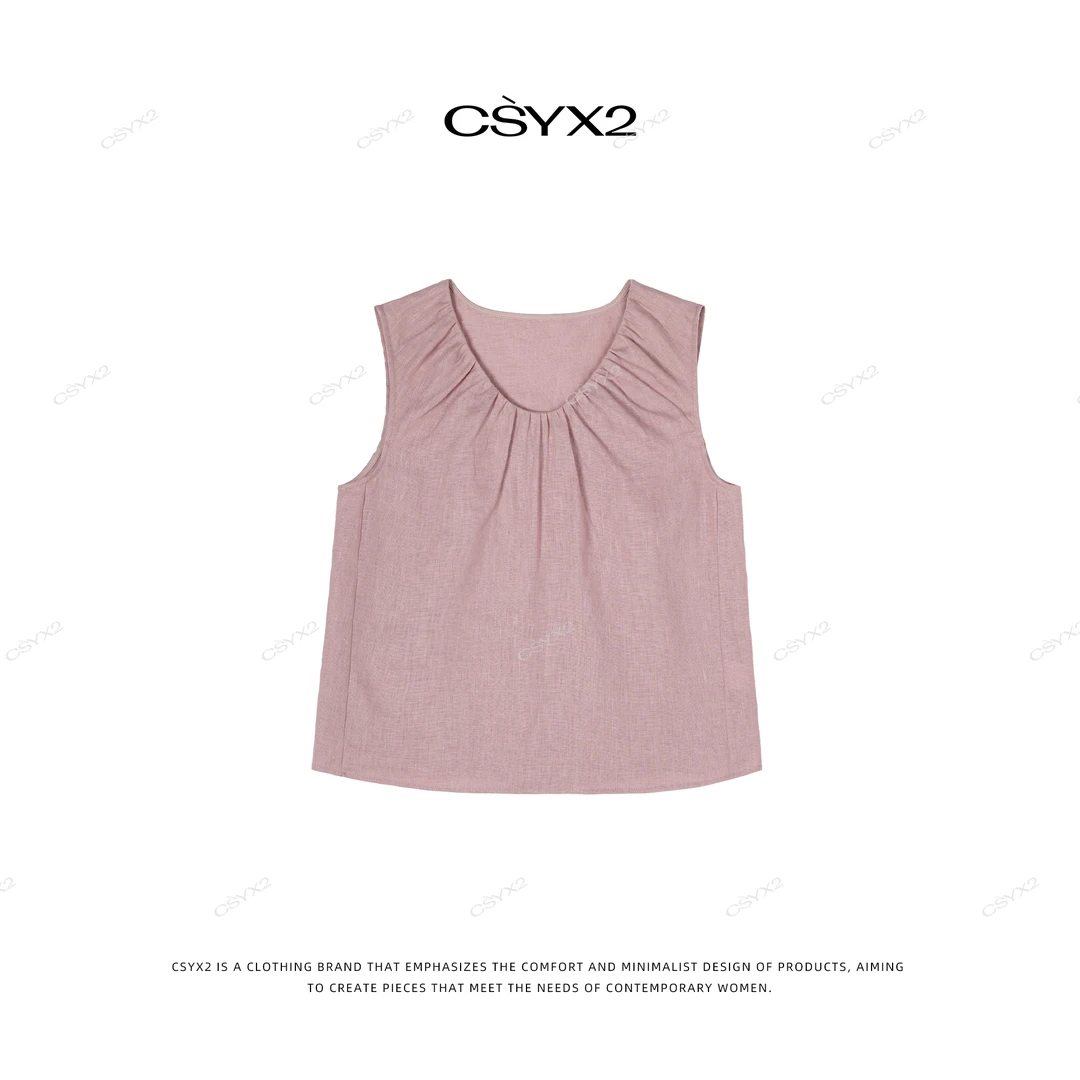 CsyX2-2025S/S 100%亚麻休闲简约圆领压褶粉色无袖背心S10982