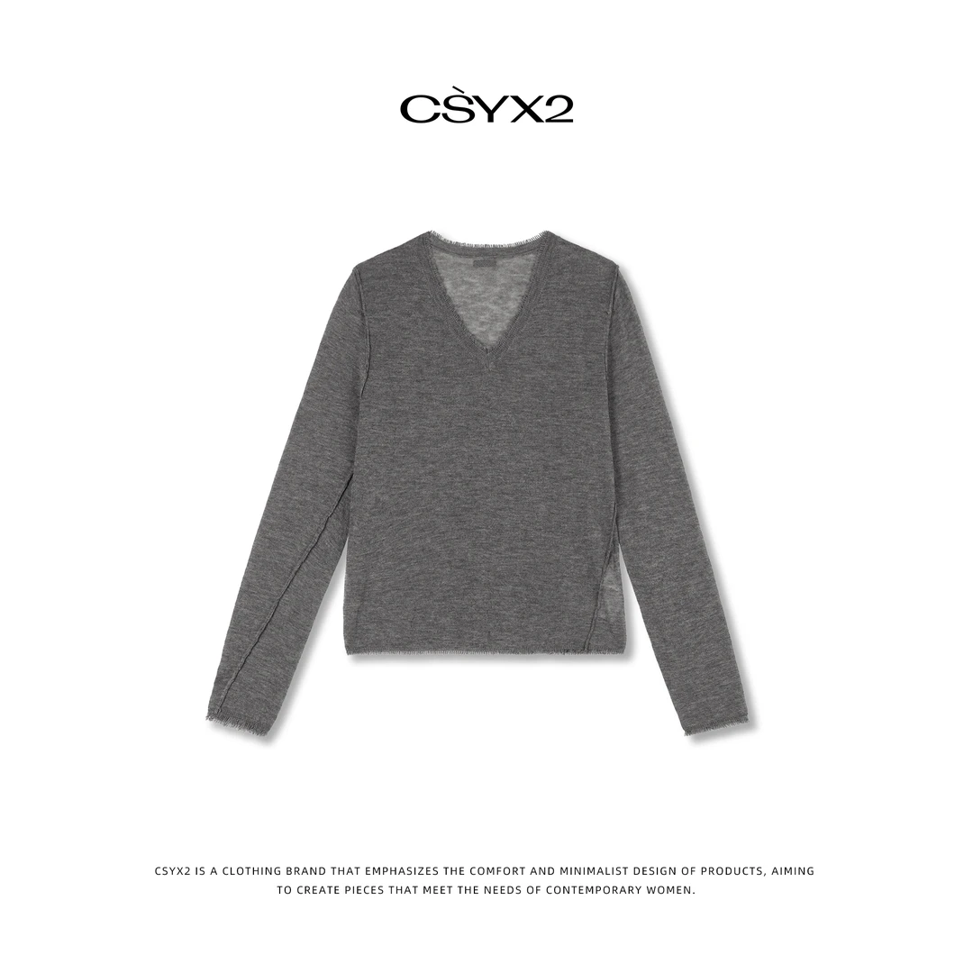 CsyX2-2025S/S夏季新款蕾丝纯色小V领毛边设计打底衫WC002