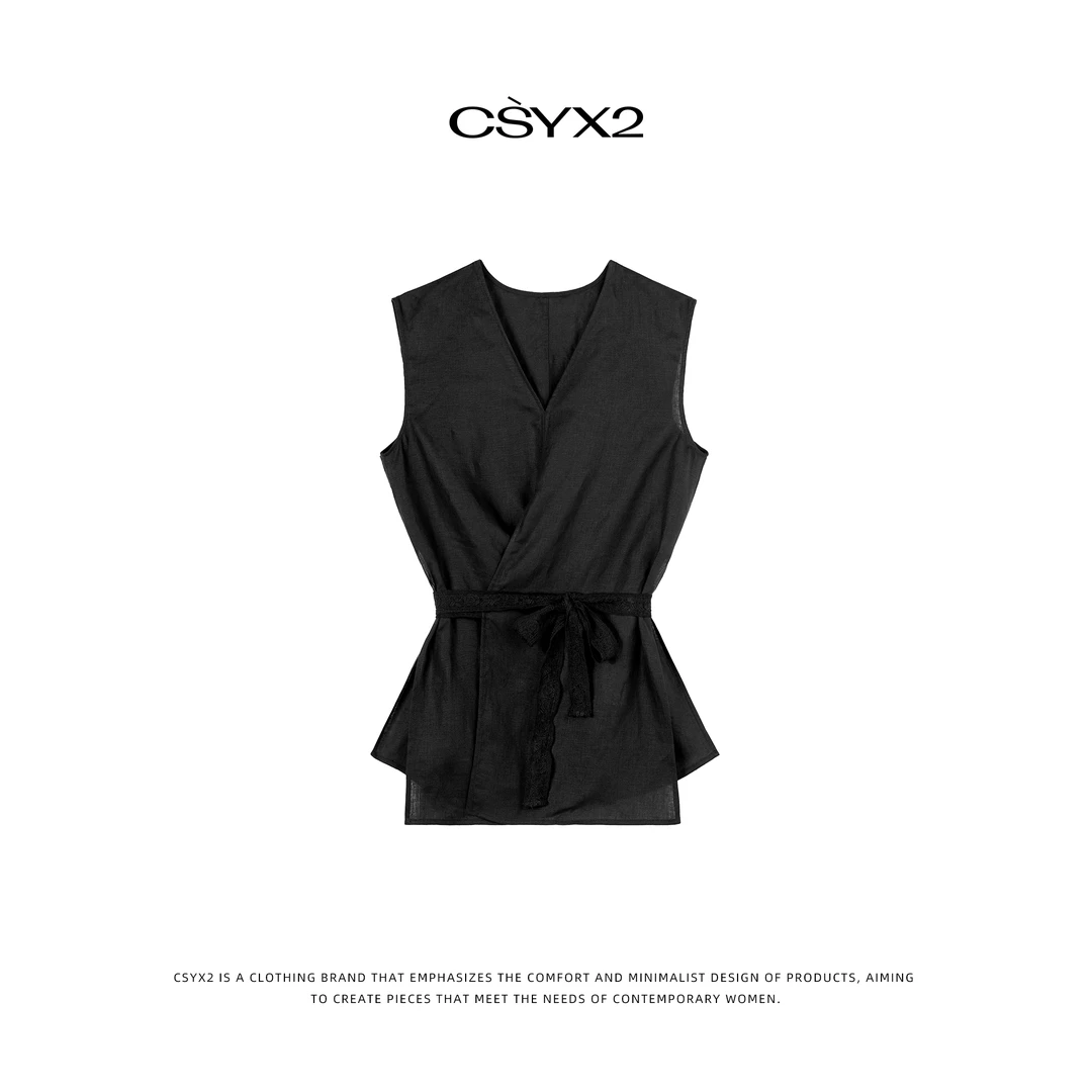 CsyX2-2025SS 100亚麻V领无袖蕾丝绑带收腰背心S10936