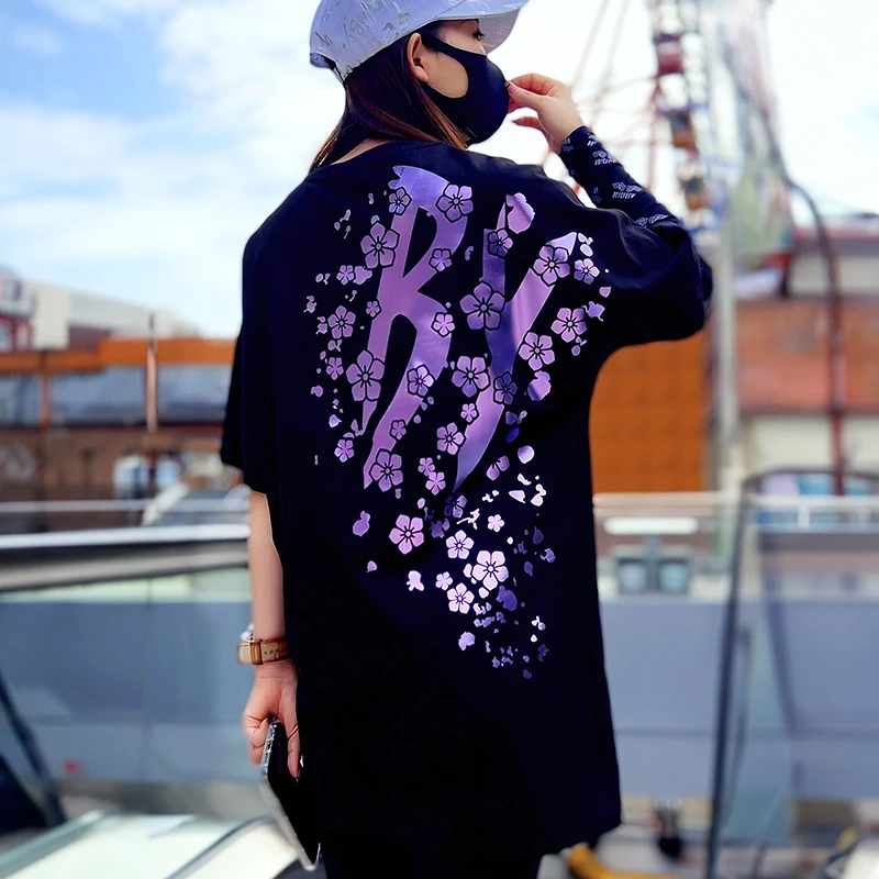 BY 潮牌夏季新款樱花字母短袖T恤/男女同款纯棉宽松时尚洋气爆款