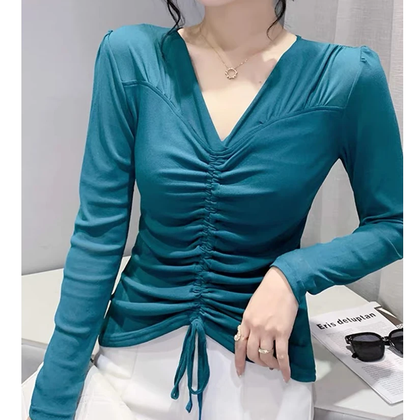 时尚抽绳V领长袖T恤女士欧货气质性感网纱上衣收腰显瘦打底衫春秋