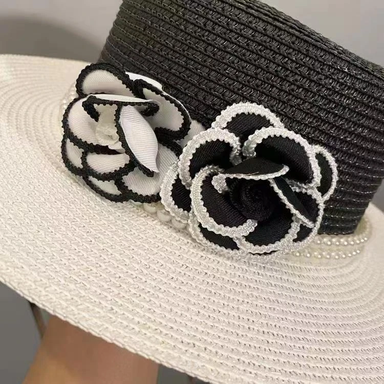 草帽白色草编网红时尚女士黑色编织