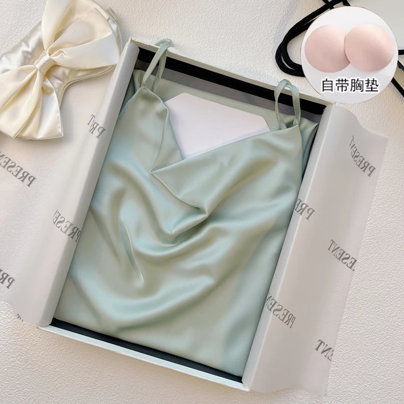 夏季冰丝小众吊带睡衣性感睡裙冰丝睡衣加胸垫免穿文胸女款家居服