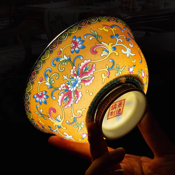 景德镇手工描金 中式家用4.5英寸缠枝珐琅彩高脚防烫易清洗米饭碗