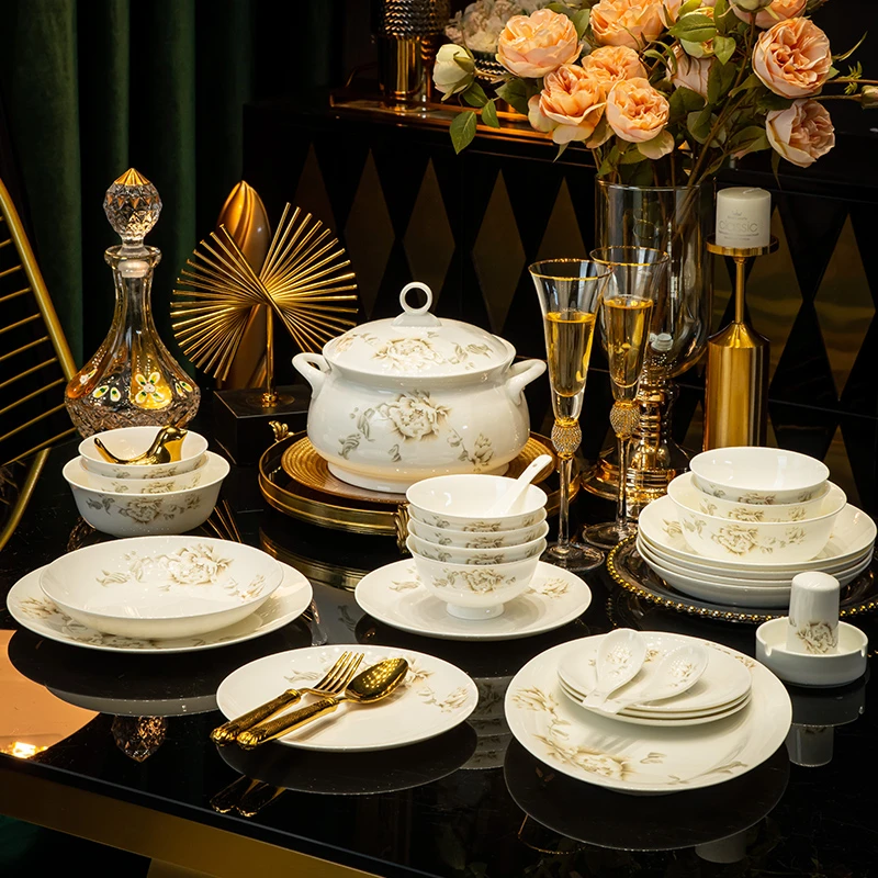 碗碟套装家用欧式轻奢2024景德镇陶瓷骨瓷乔迁餐具套装碗盘筷组合