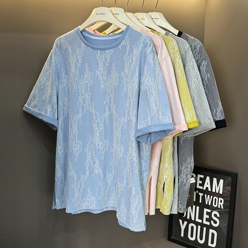 （画沙）气质时尚夏季宽松设计重工提花圆领百搭休闲显瘦中长款T恤