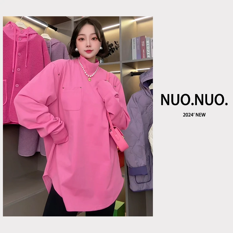 （配色打底）2024秋冬长袖休闲百搭宽松高领纯色上衣女设计感