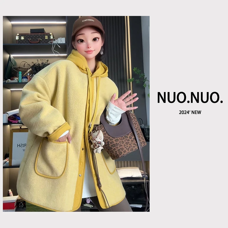 《蛋仔派对》欧货定制高品质毛呢夹棉连帽毛呢外套宽松休闲夹克女