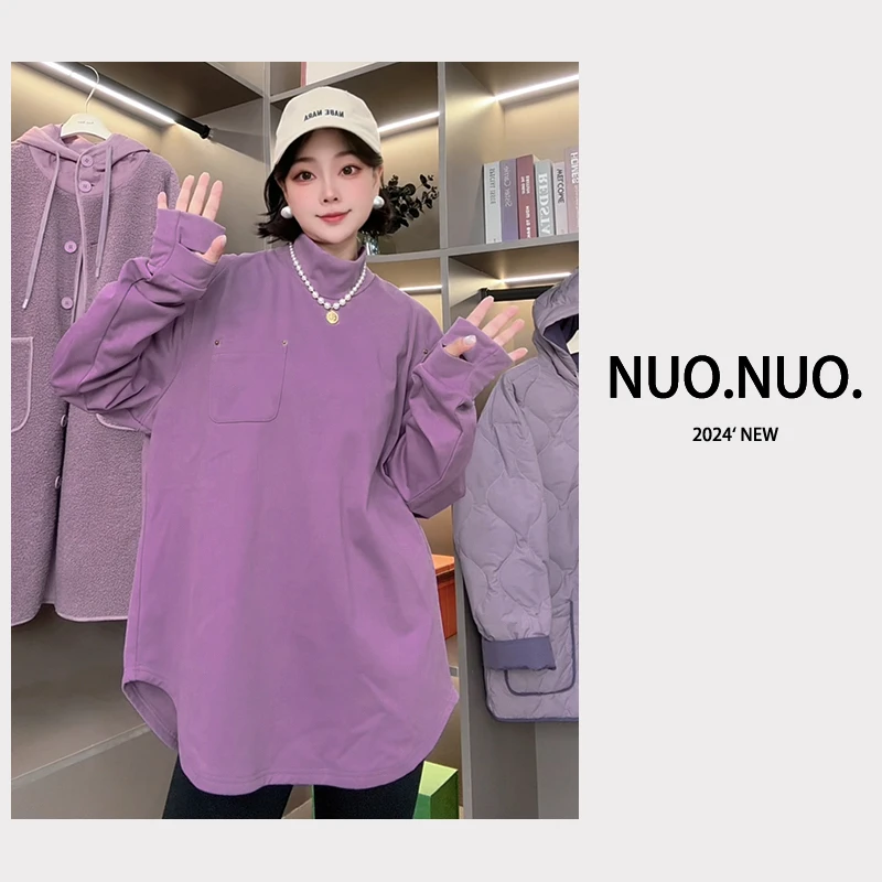（配色打底）2024秋冬长袖休闲百搭宽松高领纯色上衣女设计感