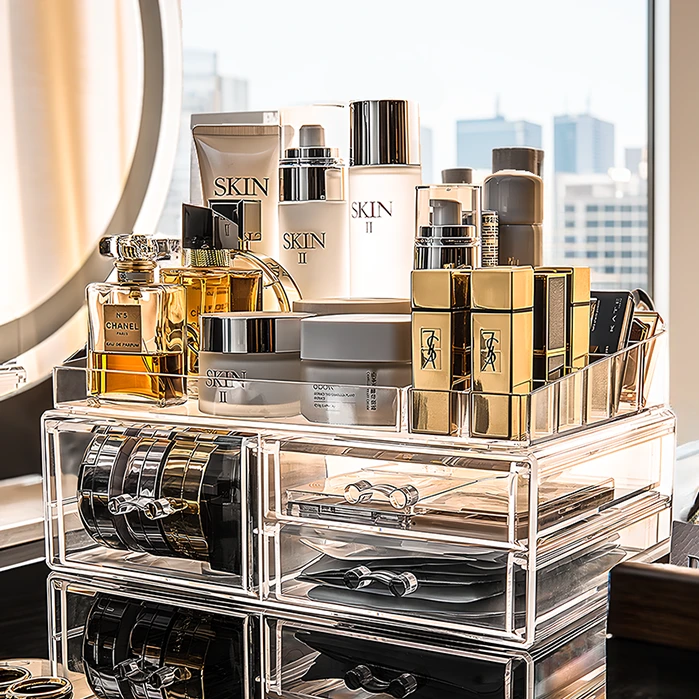 化妆品收纳盒网红桌面抽屉式口红护肤品分类置物架梳妆台亚克力感