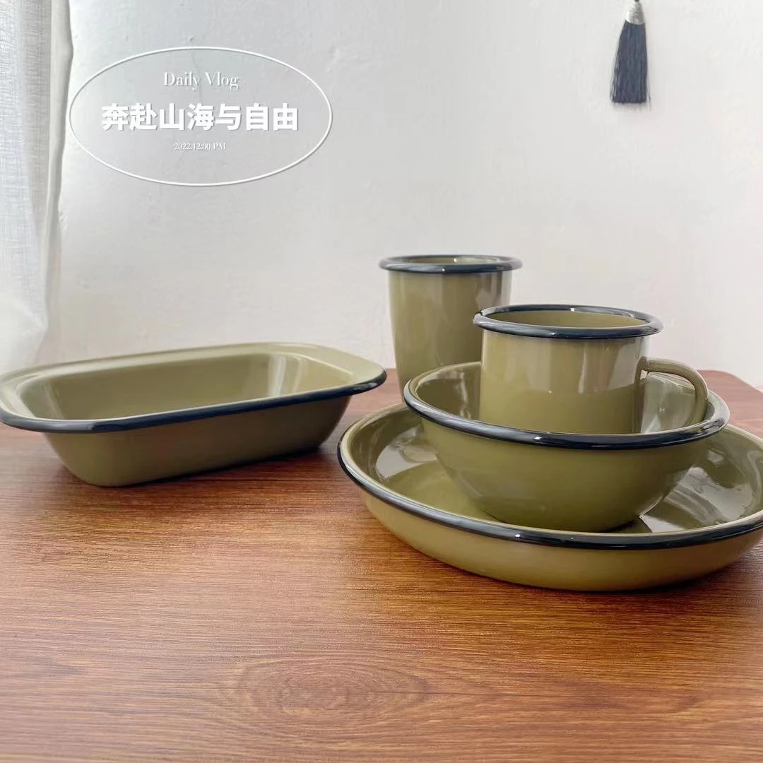 户外露营系列  搪瓷杯碗碟套装 军绿 家用米饭碗 盘子椭圆盘