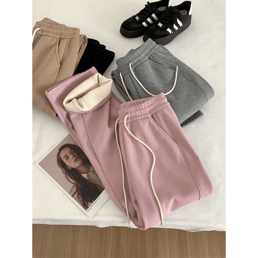 拖地2023冬季新品加绒加厚保暖高腰直筒小阔腿休闲运动长裤秋裤女