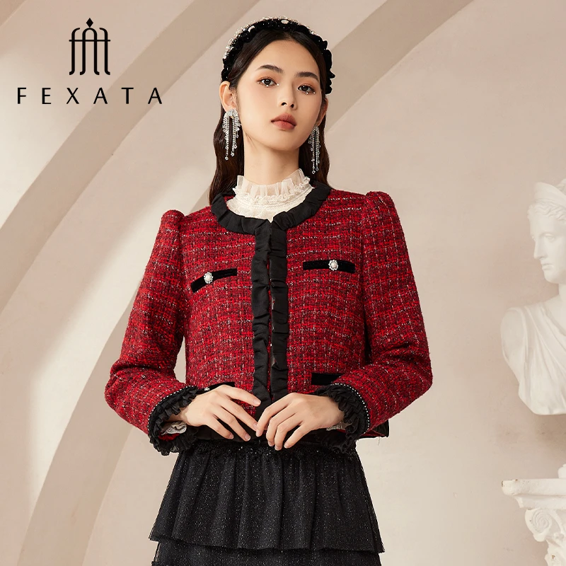 FEXATA斐格思短外套女2024秋季新品精致安哥拉红千金花呢外套