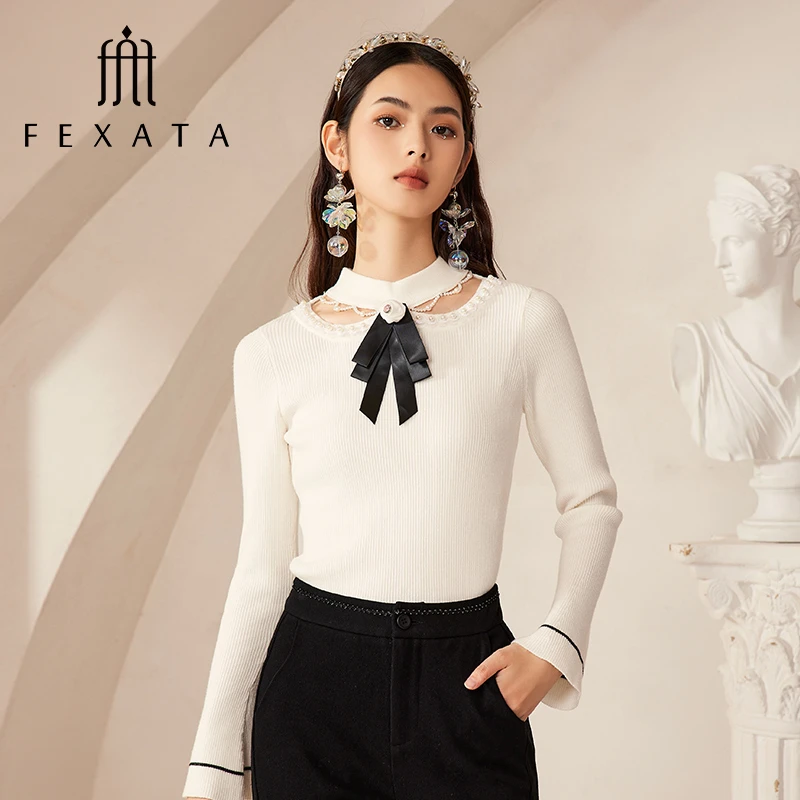 FEXATA斐格思2024冬季新品蝴蝶结小心机镂空喇叭袖修身针织衫女