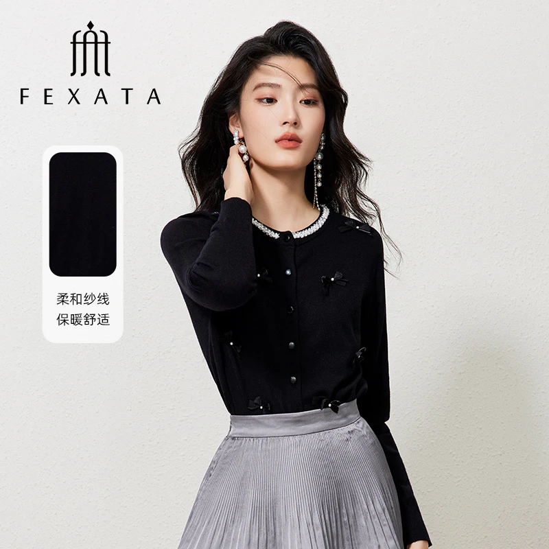 FEXATA斐格思2025秋季新款甜俏少女系 浪漫蝴蝶结毛针织开衫