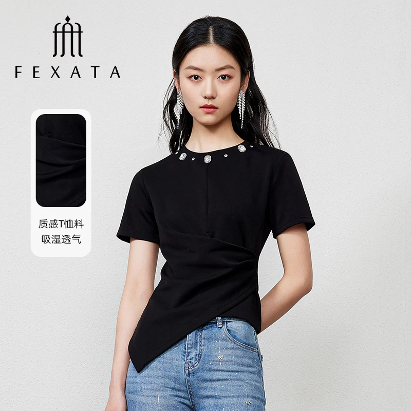 FEXATA斐格思上衣女2025夏新品圆领短袖都市时髦感不规则黑色T恤