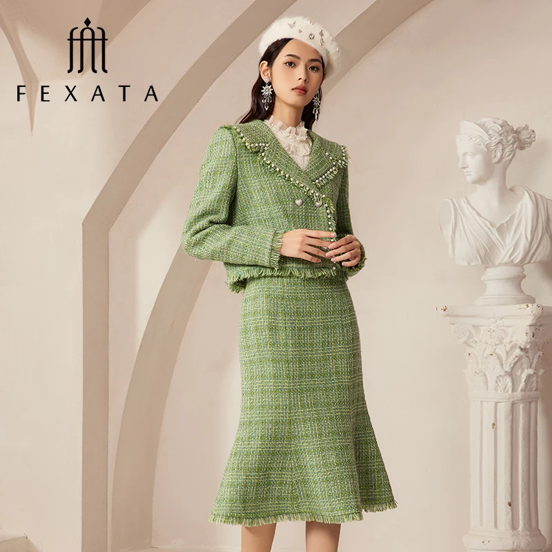 FEXATA斐格思套装女2024冬季新品气质小香花呢外套半身裙两件套