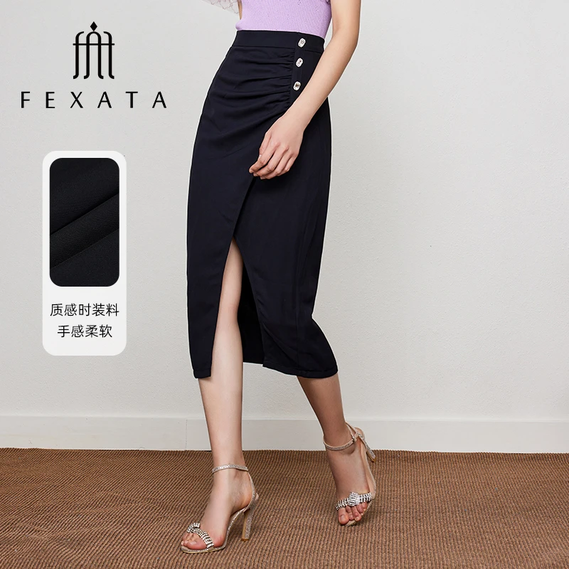 FEXATA斐格思半身裙2024新品浪漫层次时髦轻熟风开叉黑色半裙