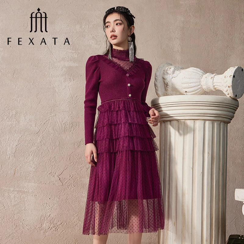FEXATA斐格思连衣裙冬针织网纱荷叶边蛋糕裙塔裙