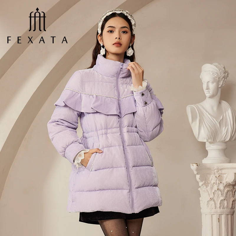 FEXATA斐格思2024冬新品灯芯绒荷叶花边收腰保暖立领羽绒外套女