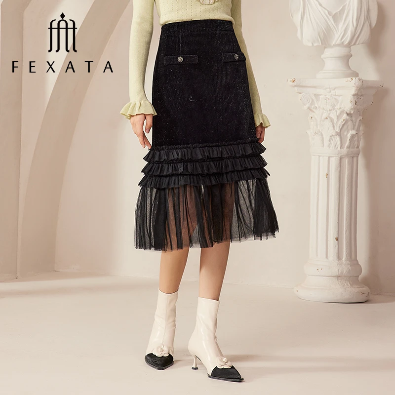 FEXATA斐格思2024冬季新品复古气质网纱半裙黑色丝绒半身裙