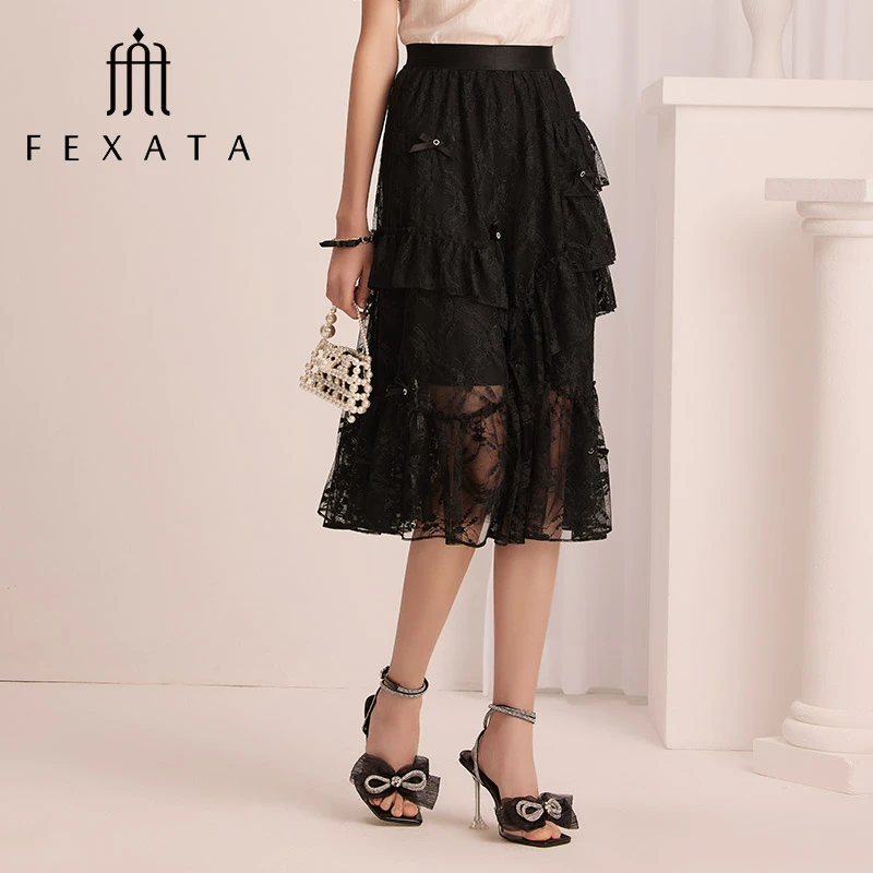 FEXATA斐格思半身裙2024不对称提花蕾丝蛋糕裙半裙