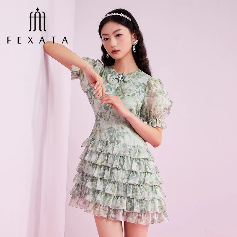 FEXATA斐格思连衣裙2024夏新品度假风甜美印花蛋糕裙