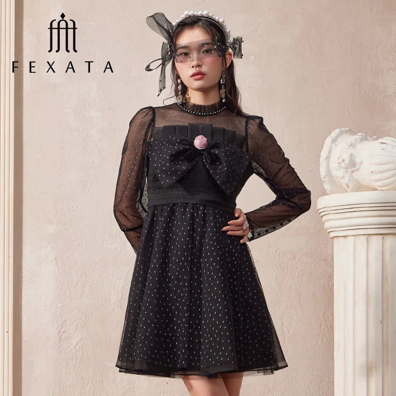 FEXATA斐格思连衣裙2024春蝴蝶结法式圆点网纱小黑裙