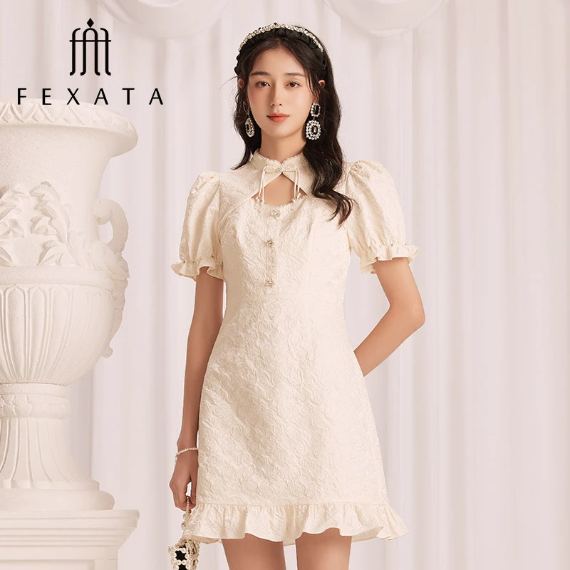 FEXATA斐格思法式蕾丝连衣裙夏季新品白色提花新中式旗袍裙