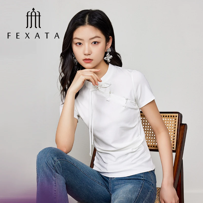 FEXATA斐格思上衣女2025夏季新品立领斜襟国风新中式盘扣小衫T恤