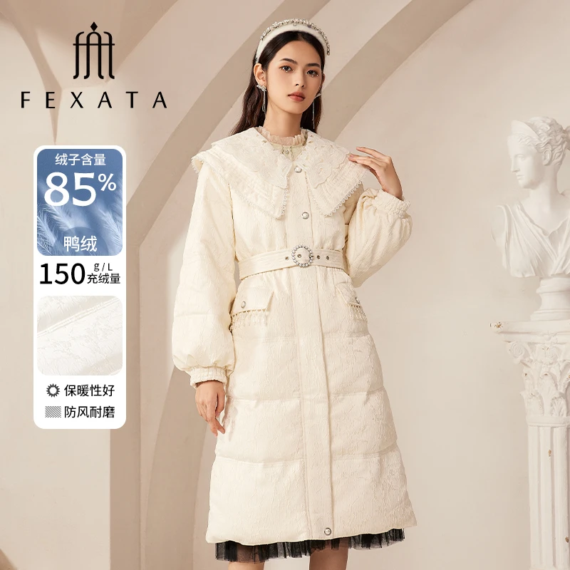 FEXATA斐格思2024冬季新品双层领浪漫提花羽绒服女款中长款外套