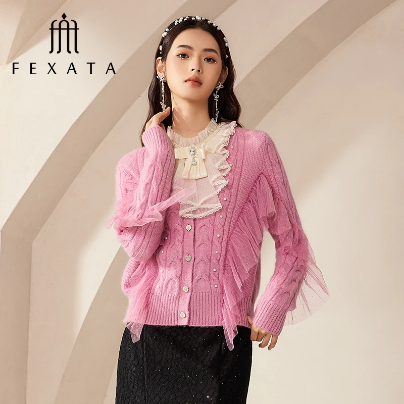 FEXATA斐格思短外套女冬季新品浪漫气质荷叶边网纱粉色针织开衫