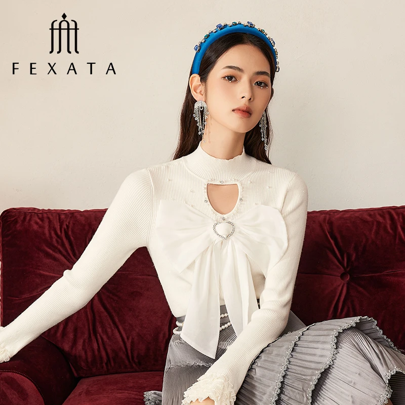 FEXATA斐格思2024秋冬新款小心机镂空蝴蝶结毛衫修身长袖针织衫女