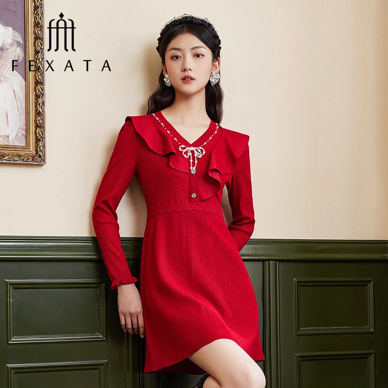 FEXATA斐格思秋冬新品荷叶边红色喜庆气氛感复古针织裙长袖连衣裙
