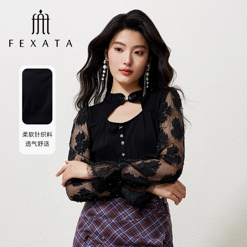 FEXATA斐格思2024秋季新款优雅新中式时髦蕾丝袖拼接毛针织衫