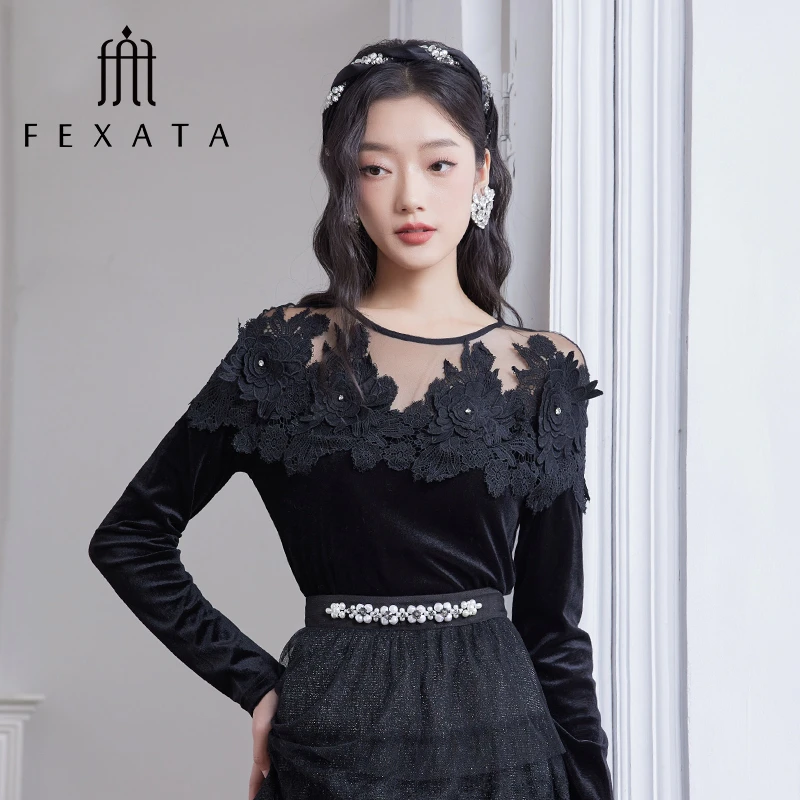 FEXATA斐格思2025秋季新款法式黑天鹅丝绒小衫黑色长袖上衣女
