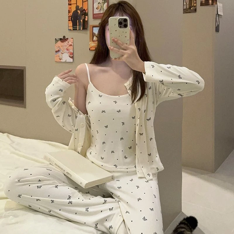 双面德绒吊带胸垫睡衣女秋冬蕾丝开衫三件套纯欲风薄绒家居服套装