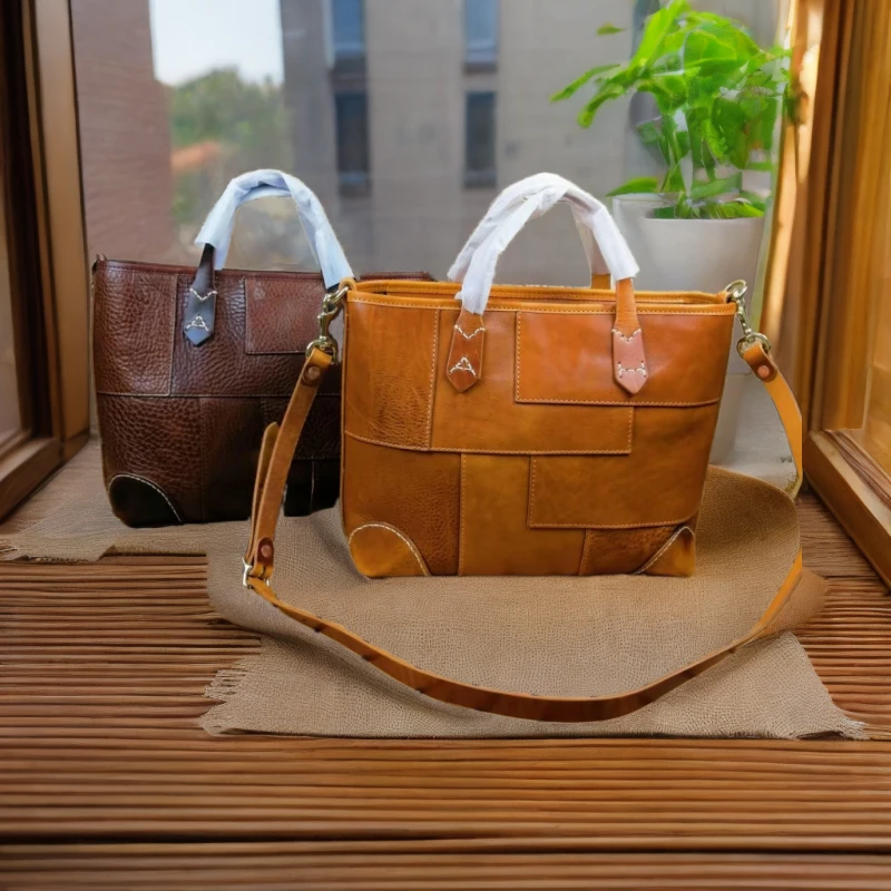 【双工牌手工皮具】个性高档手提拼接手提包轻奢女士复古托特包2108