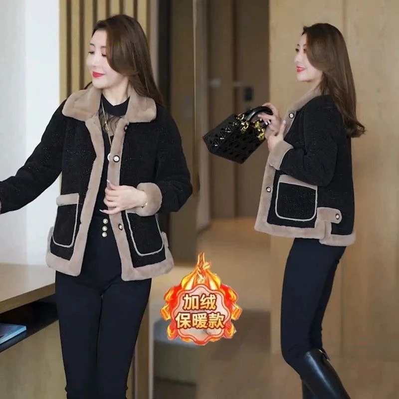 妈妈冬季新款时尚毛呢外套加绒加厚宽松大码洋气质上衣中老年女装