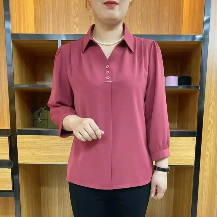 秋季新款纯色女士高档衬衫中老年妈妈时尚洋气女装九分袖宽松衬衫