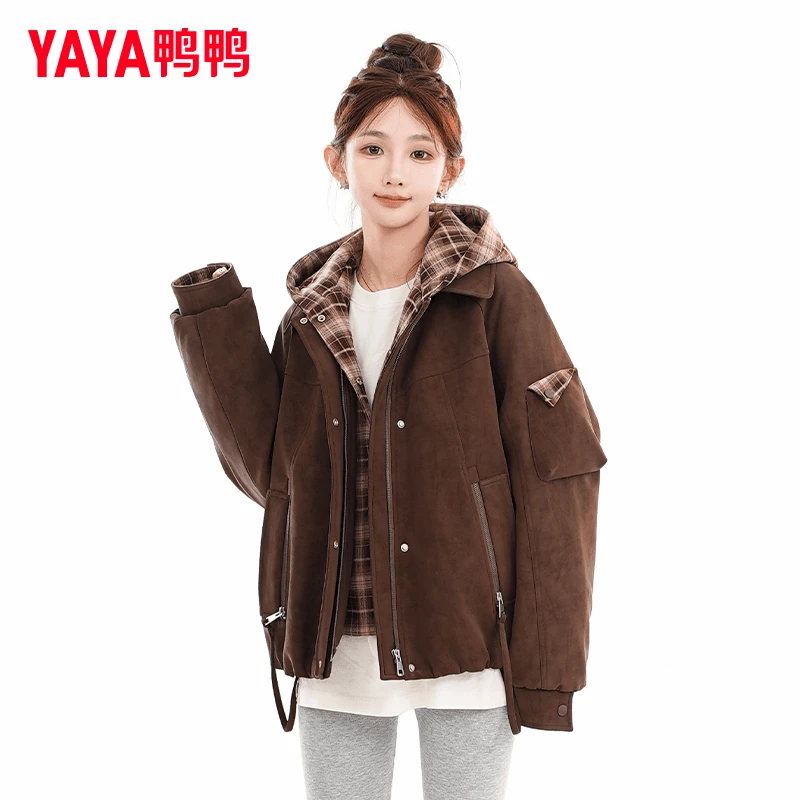 YAYA/鸭鸭短款羽绒服女2024年冬季新款假两件时尚潮流百搭外套女