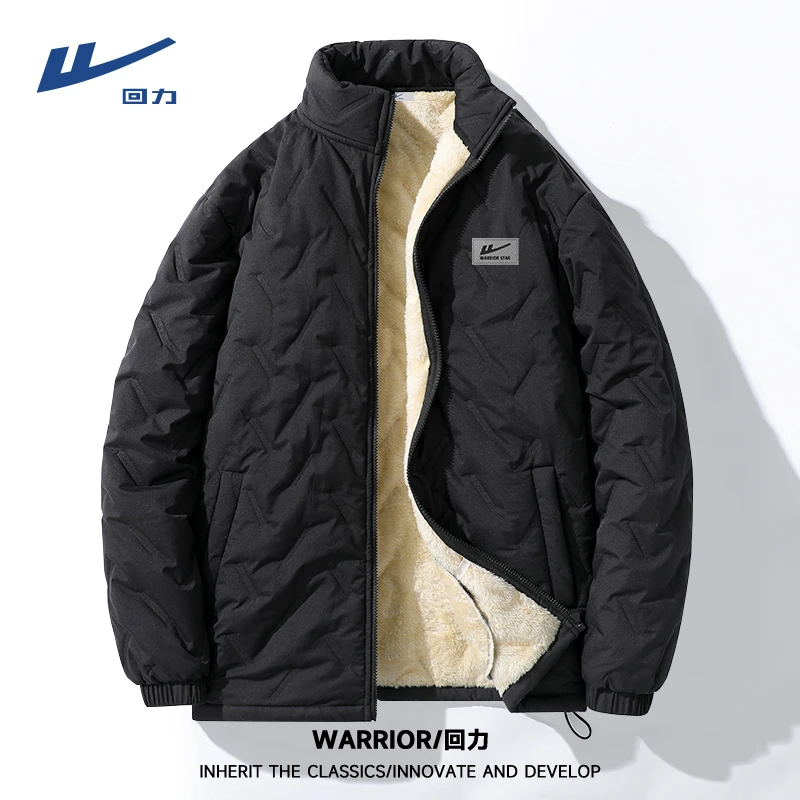 回力冬季新款防风防寒男士立领棉服羊羔绒加厚款黑色重磅棉衣袄子