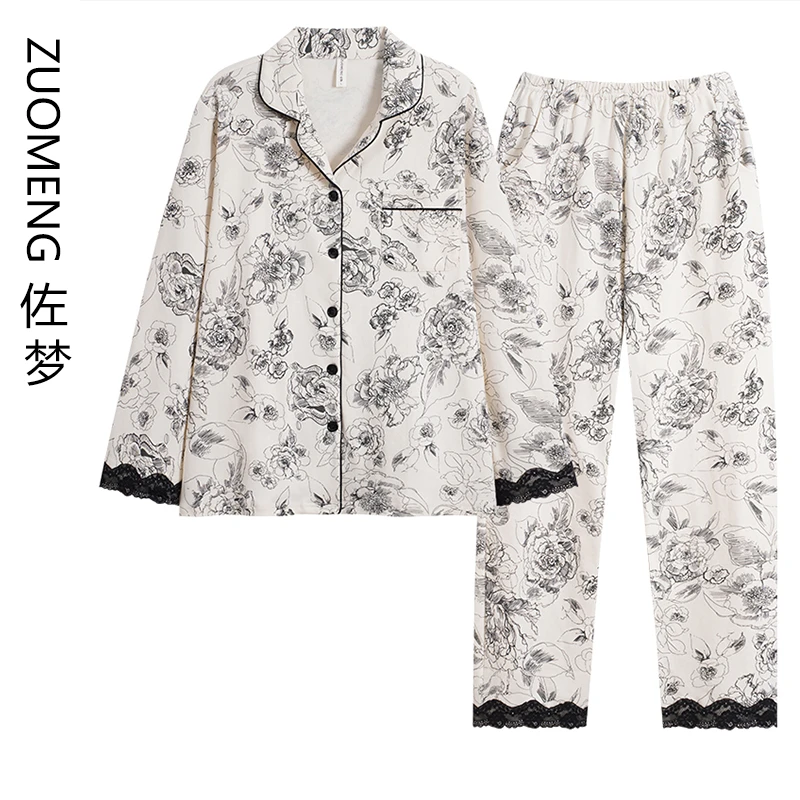 佐梦新款水墨画睡衣女士春秋长袖开衫全棉套装休闲加大码家居服