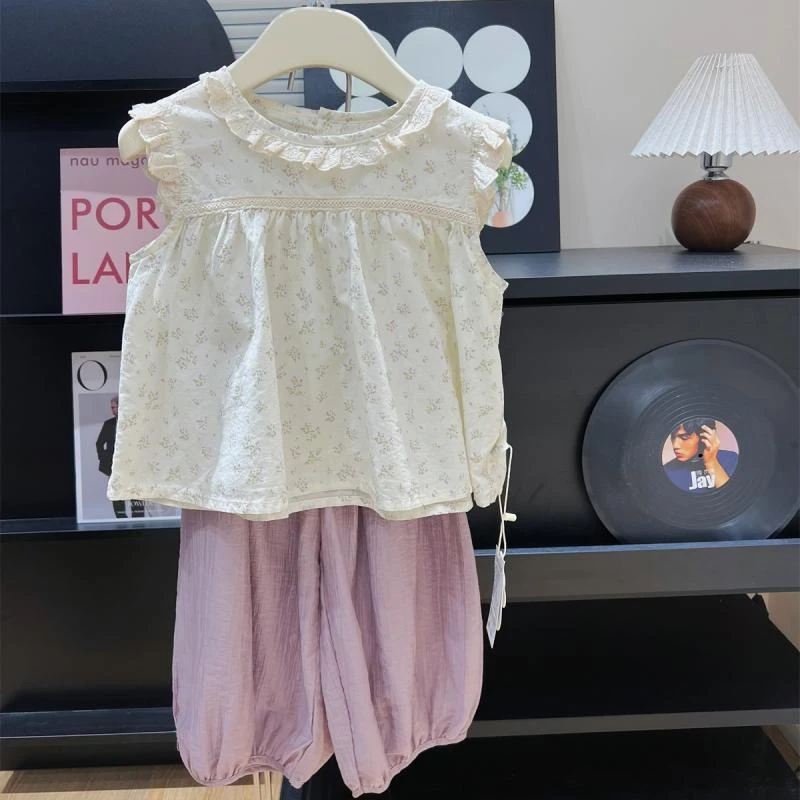 女童碎花碎花上衣儿童田园风花边领娃娃衫夏装新款小女孩防蚊裤子