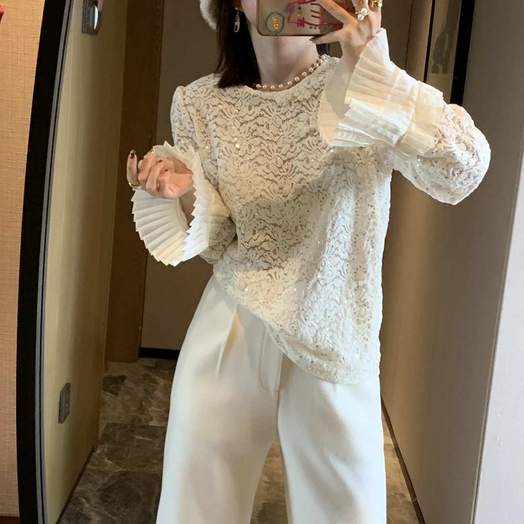 新中式亮片气质重工蕾丝衫内搭上衣仿珍珠盘扣亲肤时尚打底衫