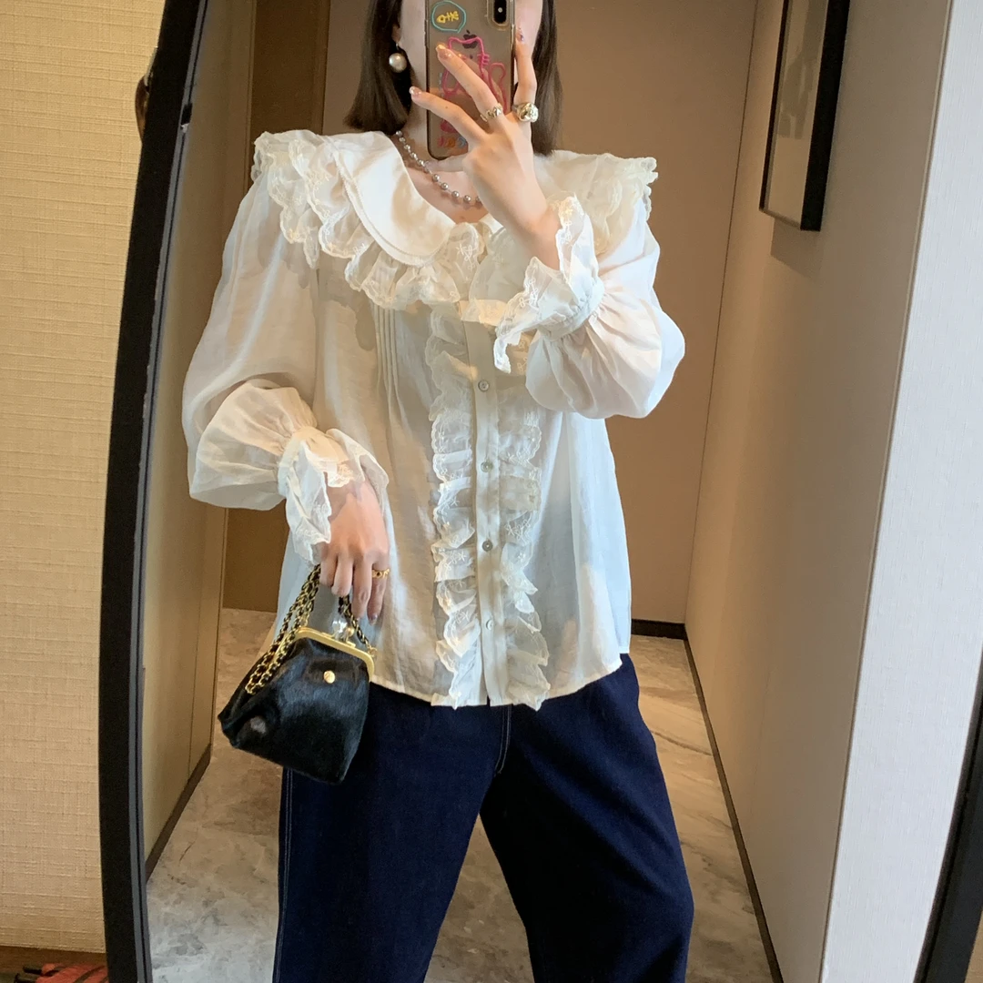 蕾丝双层娃娃大翻领甜美减龄小衫衬衣气质时尚百搭韩版衬衫上衣